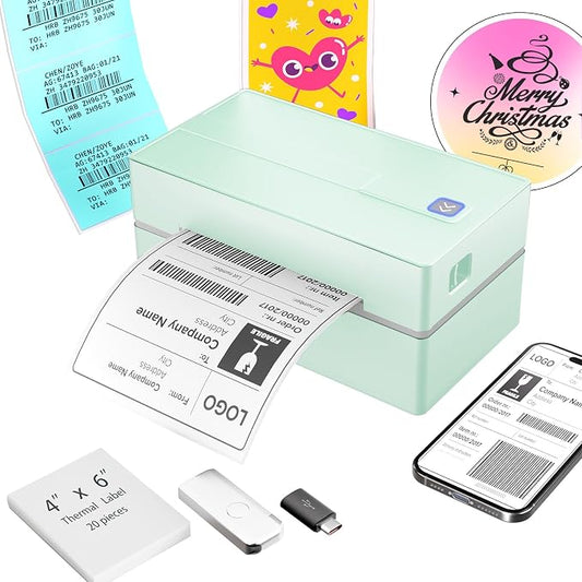 Bluetooth Thermal Shipping Label Printer: 4x6 Wireless Label Maker with Tape for Small Business - Compatible with iPhone, Android, Windows & Mac, Widely Used for USPS UPS Amazon Shopify, Green