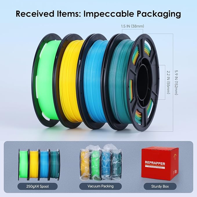 RepRapper 4 x 250g Glow Colors Pack, Glow in the Dark PLA Filament 1.75mm (+- 0.03mm) for 3D Printer, 4x250g Spools - Green, Blue, Yellow, Rainbow