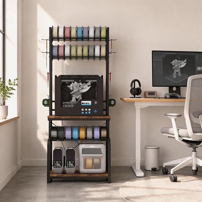 3D Printer Stand with Filament Storage,3D Printer Table with Power Outlets,Sturdy Double-Layer 3D Printer Workstation,for Workshop,Studio,Home Office and 3D Printing Enthusiasts,Retro Brown