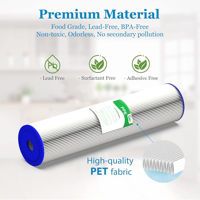 20 Micron 20-Inch Whole House Water Filter Replacement Cartridge, Pleated Sediment Water Filters 4.5" x 20" for Well Water, Compatible with ECP5-20BB, R30-20BB, S1-20BB, SPC-45-2020, 2 Pack