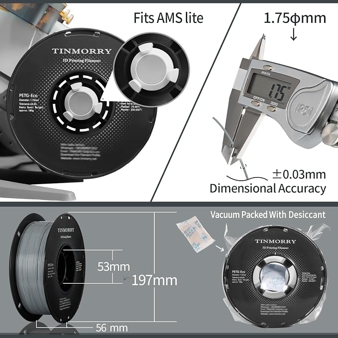 TINMORRY PETG Filament 1.75, Rapid PETG-Eco 3D Printer Filament, Compatible with Most FDM 3D Printers, 1 KG 1 Spool, Grey