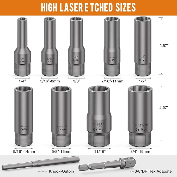 XEWEA 11PCS Deep Spiral Bolt Extractor Kit, Bolt & Nut Remover Easy-Out Set, Deep Socket Tools For Removing Broken, Frozen, Rusted, Rounded-Off Bolts, Studs, Nuts & Screws,Friendly Narrow Spaces