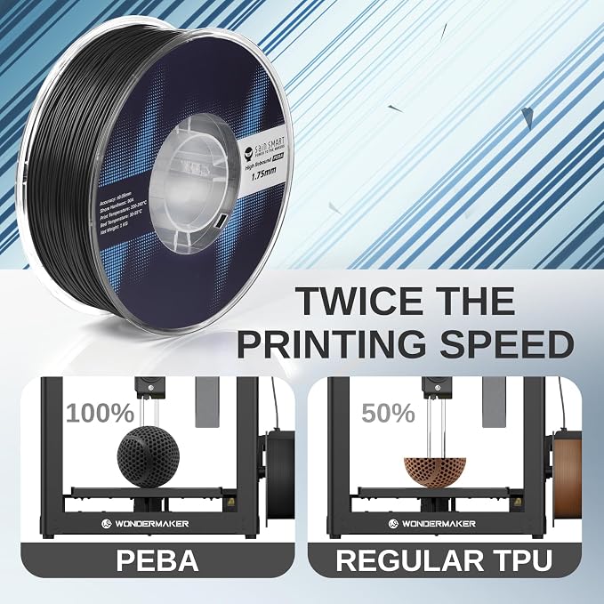 SainSmart PEBA High Rebound 90A Flexible Filament, 1KG (2.2lbs), Super TPU with 78% High Rebound, 20% Lighter & 2X Faster Printing, Nylon-Based Strength, Adjustable Flexibility, 1.75mm, Blue