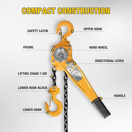 YELLOW JACKET 3 Ton Manual Lever Chain Hoist, 10 FT Come Along, G80 Galvanized Carbon Steel with Weston Double-Pawl Brake, Chain Come Along and Safety Measures for Chain Fall