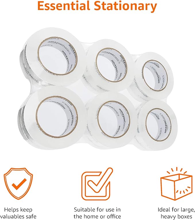 Amazon Basics Packing Tape, Strong & Durable for Moving, Storage, Shipping, Mailing and Sealing, Crystal Clear, 1.88" x 109 Yards, 12-Pack
