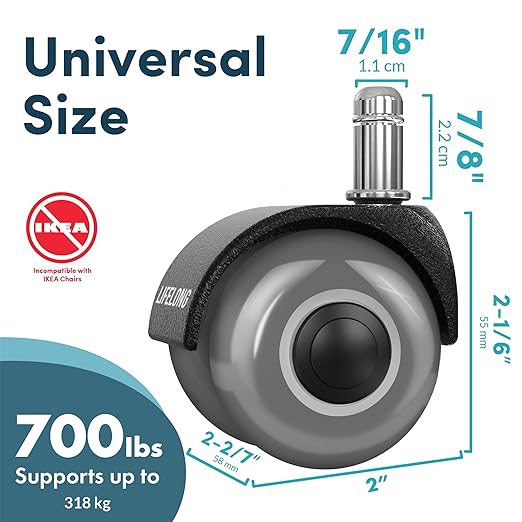 Lifelong Office Chair Wheels Replacement Rubber Desk Chair Casters for Hardwood Floors and Carpet, Set of 5, 2 Inch Heavy Duty Casters for Chairs to Replace Office Chair Mats - Fits 98%