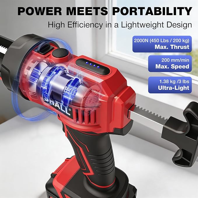 SHALL 21V Cordless Caulking Gun, Electric Caulk Gun with 2 x 2.0Ah Batteries & Silicone Finishing Tool Kit, 4 Adjustable Speeds, Anti-Drip, Fits 10oz/300ml Cartridges for Bathroom Kitchen Tile Sealing