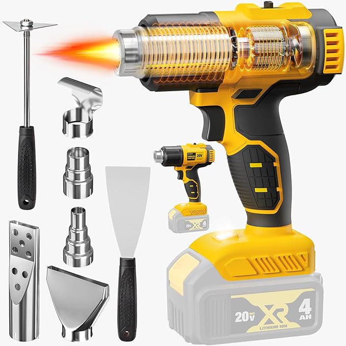 Cordless Heat Gun for De-WALT 20V MAX Battery, 7Pcs Nozzles&Scraper, LED Light, 350W Fast Heating Soldering Hot Air Gun, 2-Temp Setting Max 990℉(532℃), Heat gun for Shrink Tubing, Crafts (Tool Only)