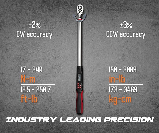 Tapha Tools 1/2 inch Digital Torque Wrench 12.5-250.7 ft-lbs (17-340 N-m) Torque Range ±2% Accuracy, LED and Buzzer Notification, Preset Memory, ISO 6789 Tested and Calibrated