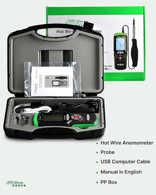 Hot Wire Anemometer AM-288 – HVAC Airflow Meter for Duct and Vent Testing, CFM/CMM Air Volume Calculation, Wind Speed & Temperature Measurement, Data Logging, USB PC Software