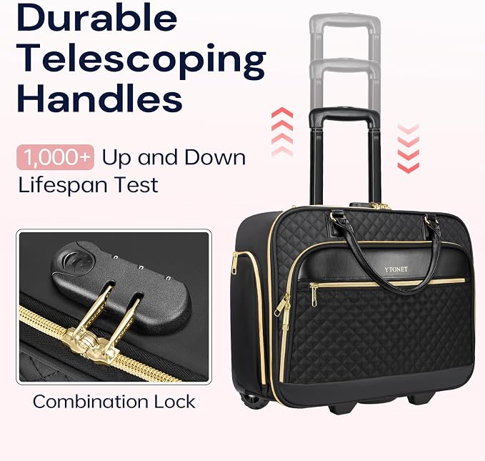 Ytonet Rolling Teacher Bag, Rolling Briefcase for Women, 17.3 Inch Rolling Laptop Bag with Lock, Water Rresistant Wheeled Computer Bag, Roller Bags for Work Travel Overnight, Black