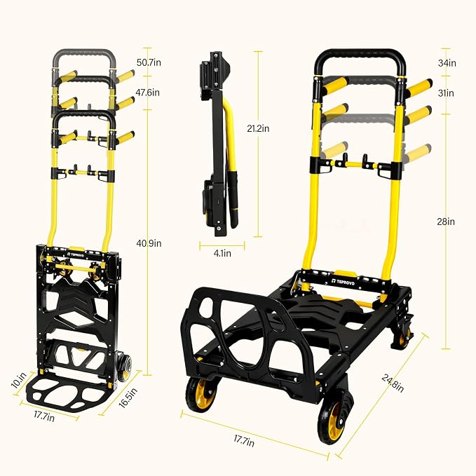 Folding Hand Truck Dolly, 330 lbs Heavy Duty Convertible 2-in-1 Dolly Cart with 3-Level Adjustable Handle, 360° Swivel Handle & Tool Bag for Moving, Shopping, Warehouse & Garage