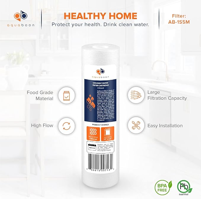 Aquaboon 5 Micron 10 x 2.5 Sediment Filter - Whole House Water Filter Replacement Compatible with Well Water Filters - P5, AP110, WHKF-GD05, 4 Pack
