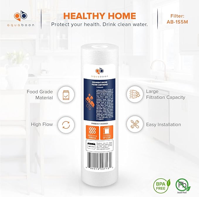 Aquaboon 5 Micron 10 x 2.5 Sediment Filter - Whole House Water Filter Replacement Compatible with Well Water Filters - P5, AP110, WHKF-GD05, 50 Pack