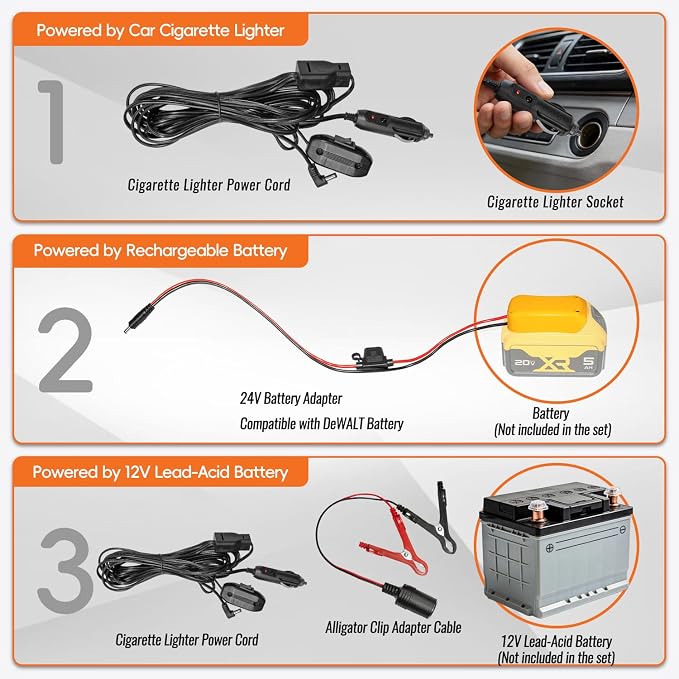 24V 30GPH Fuel Transfer Pump Set with Patented Pulley Lead Pipe & Battery Adapter, Compatible with DeWalt 20V Battery, for Vehicles, Boats (30GPH 24V, Pump with Yellow Adapter)
