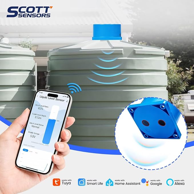 SCOTTSENSORS SC01W Smart Sensor Blue WiFi Ultrasonic Water Level Measurement IP66 Liquid Level Monitoring Sensor Controller Automatic Alarm Indicator