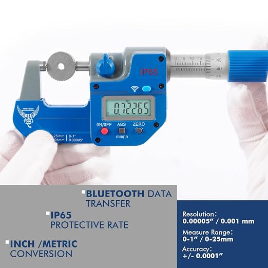 PEC Tools Bluetooth Absolute Digital Micrometer 0-1"/25mm | IP65 Oil & Splashproof, High Accuracy, LCD Display, Inch/Metric Conversion