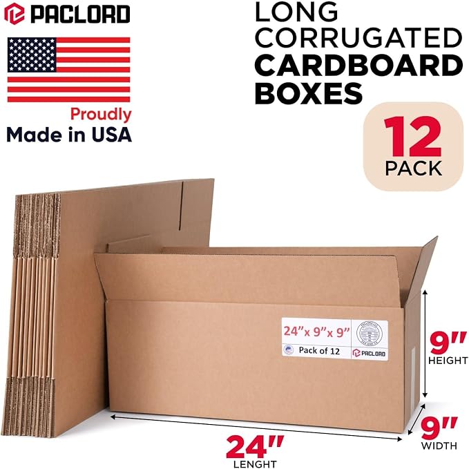 Long Cardboard Boxes 24"L x 9"W x 9"H (Pack of 12) - USA-Made Packing Boxes for Moving, Shipping, or Storage - USPS, UPS, FedEx Approved - Professional Packing Supplies for Moving | USA-Made Packing Boxes for Moving, Shipping, or Storage - USPS, UPS, F...