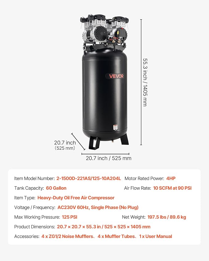 VEVOR 60 Gallons Heavy-Duty Air Compressor, 4HP 10SCFM at 90PSI Air Compressors with Max 125PSI Pressure, Oil-Free Compressor Tank for Industrial Manufacturing, Large Workshops (230V 60Hz, No-Plug)