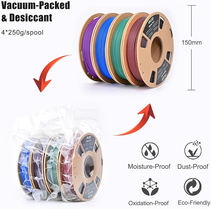 OVV3D Matte PLA 3D Printer Filament Bundle 250g x 4 Spools, Dual Color Filament 1.75mm Pack, Multi Color Change 3D Printing Filament, High Quality Matte Surface, Black - Red, Blue, Green, Purple
