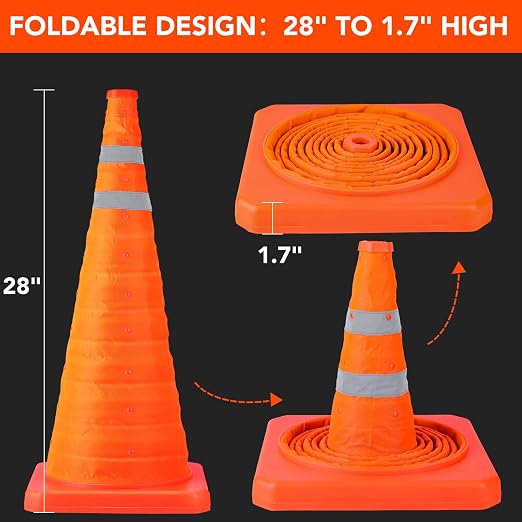 TENKAIWICK 28 Inch 4 Pack Traffic Cones with Storage Bag, Collapsible Safety Cones, Multi Purpose Pop-up Cones with Reflective Collar, Orange Cones for Parking lot, Driveway, Driving Training etc
