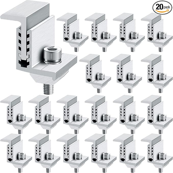 Zhengmy 20 Pack Solar Panel End Clamp Mounting Z Bracket Mid Clamps Aluminum Rail End Clamps Clips Adjustable Panels Grounding Gutter Kit for Pv Mounting System Install Hardware Fasteners Accessory