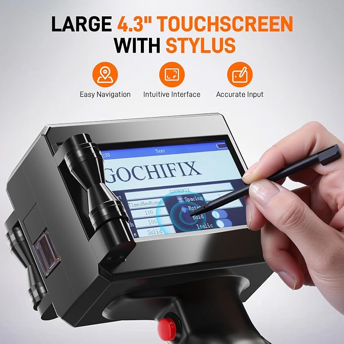 GOCHIFIX Handheld Inkjet Printer with 4.3'' Touch Screen Portable Handheld Printer Printing Height 0.08-0.5 Inch Inkjet Coding Machine for Text QRCode Barcode Image Date (Support 27 Languages)