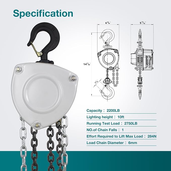 TOYO Chain Hoist 2200Lb,10ft Manual Chain Block Hoist 1ton Chain Fall 3M Come Along Hand Chain Hoist 2 Heavy Duty Hooks Industrial Grade Steel for Warehouse Automotive Construction Building