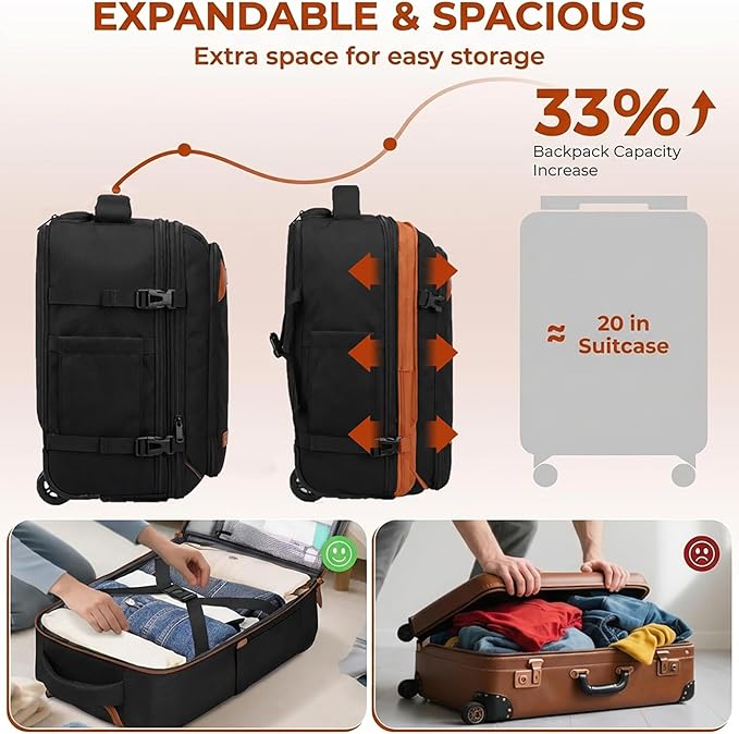 Vancropak Travel Backpack with Wheels, Rolling Backpack Fits 17.3" Laptop | Flight Approved Wheeled Luggage, Expandable Business Travel Suitcase, Womens Work Backpack, 3 Packing Cubes, Water Resistant