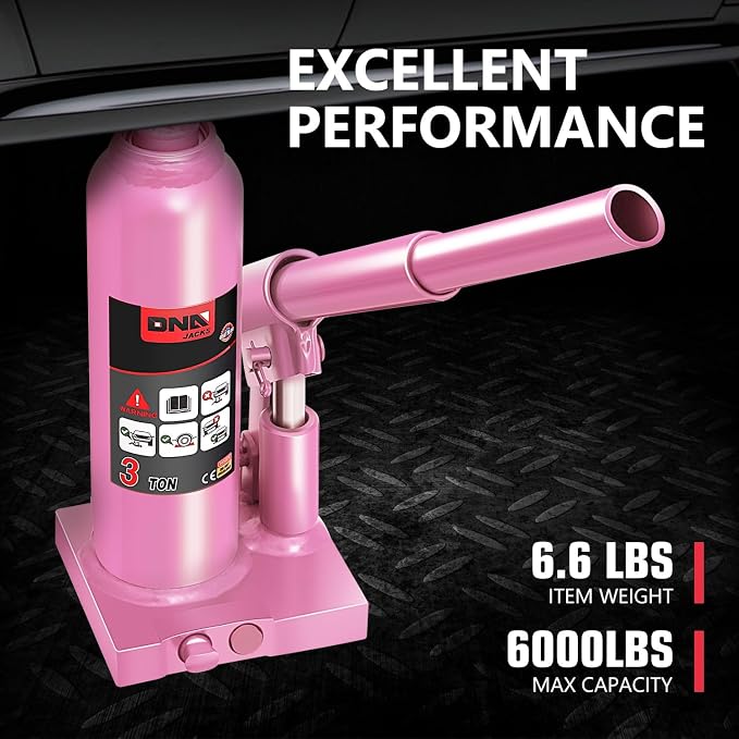 DNA Motoring 3 tons / 6000 lbs Lifting Automotive Welded Hydraulic Bottle Jack for Repair Vehicle, Pickup, Truck, w/Manual Handle, Pink,TOOLS-00349-PK