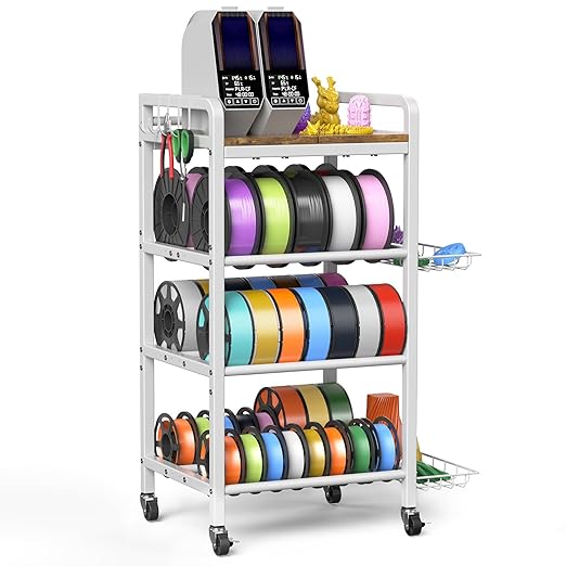 3D Printer Filament Storage Rack- 4 Tiers Filament Spool Holder, Heavy Duty 3D Printing Stand Filament Organizer with 360° Wheels, Metal Filament Stand Shelf for PLA/ABS/TPU/Nylon (White)