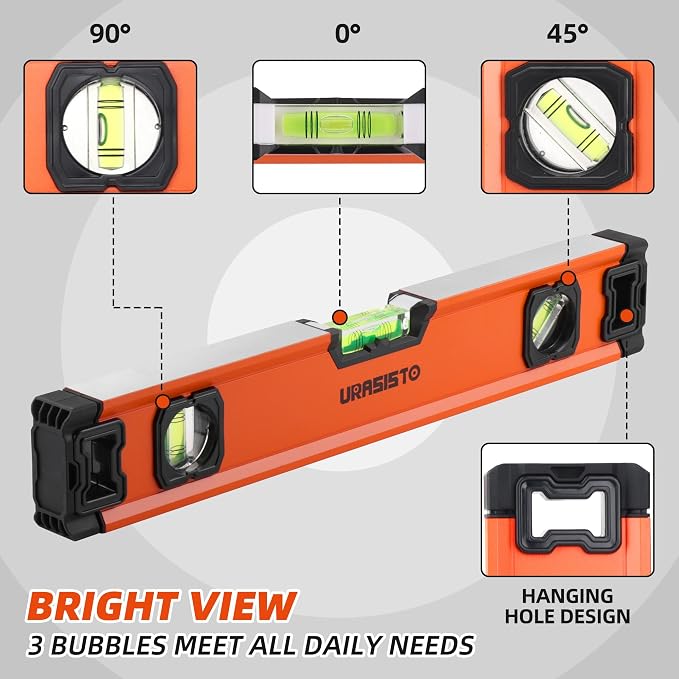 URASISTO 3-Piece Spirit Level Set, 12", 20", 40" Level Set with Magnetic Torpedo Level, 45°/90°/180°Bubbles Measuring, Aluminium Alloy Levels with Carrying Bag