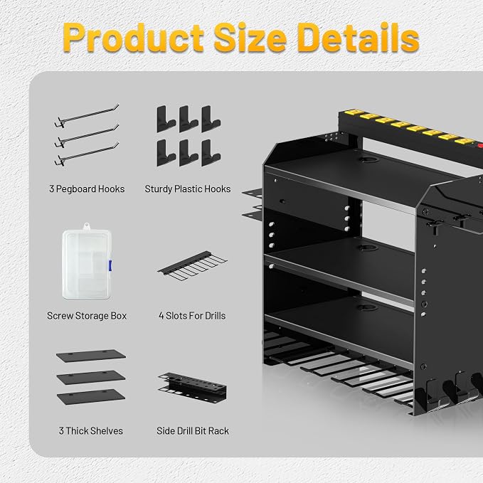 Power Tool Organizer Wall Mount with Charging Station & 8 Outlet,4 Layer Heavy Duty Metal Rack Loads 260lbs for Garage Organization,4 Cordless Drill Holders,Day Gift for Men,Glossy Black