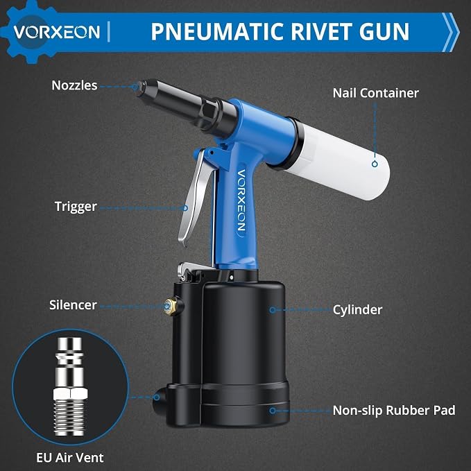 Air rivet gun 3/32" -1/4" with 500 Blind rivets aluminum Power pneumatic tool Air riveter Pulling pressure 3916 lbf for Metalworking Automotive
