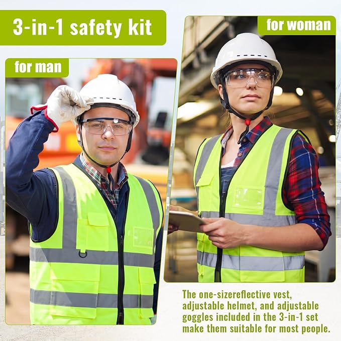 Mumufy 18 Pcs Suspension Hard Hats with Safety Vests and Goggles Bulk, Safety Helmets Vented Cap Helmet High Visibility Vest Mesh Reflective Anti Fog Goggles Adjustable Temples for Construction Work