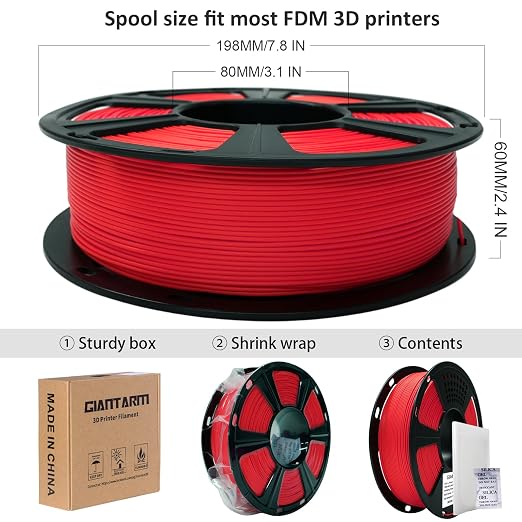 GIANTARM 3D Printer Filament, Red Pla Filament, 1Kg(2.2lbs) Spool, 1.75mm Dimension Accuracy +/- 0.03mm, 3D Printing Filament