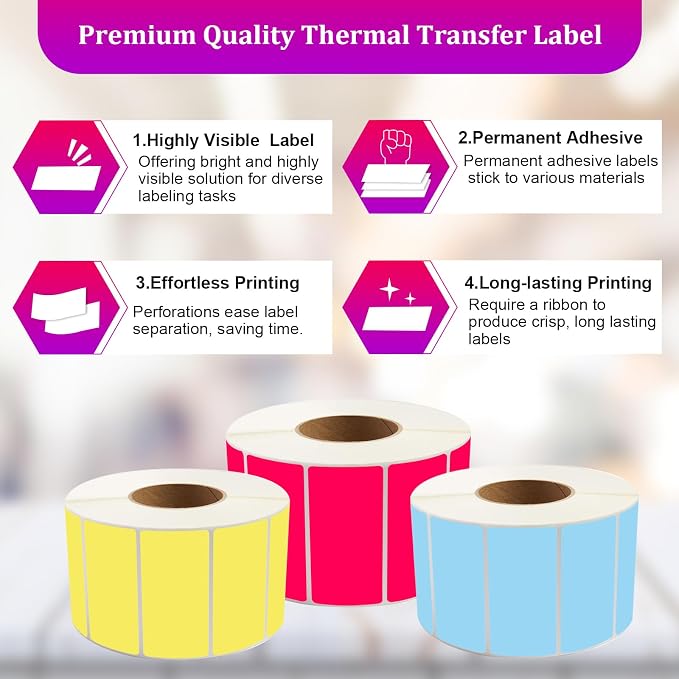 Industrial Thermal Transfer Labels, Blue, 4 x 2 Inches, 3 Inch Core, 2,750 Labels/Roll, Perforated, Ribbon Required, for Thermal Transfer Printers