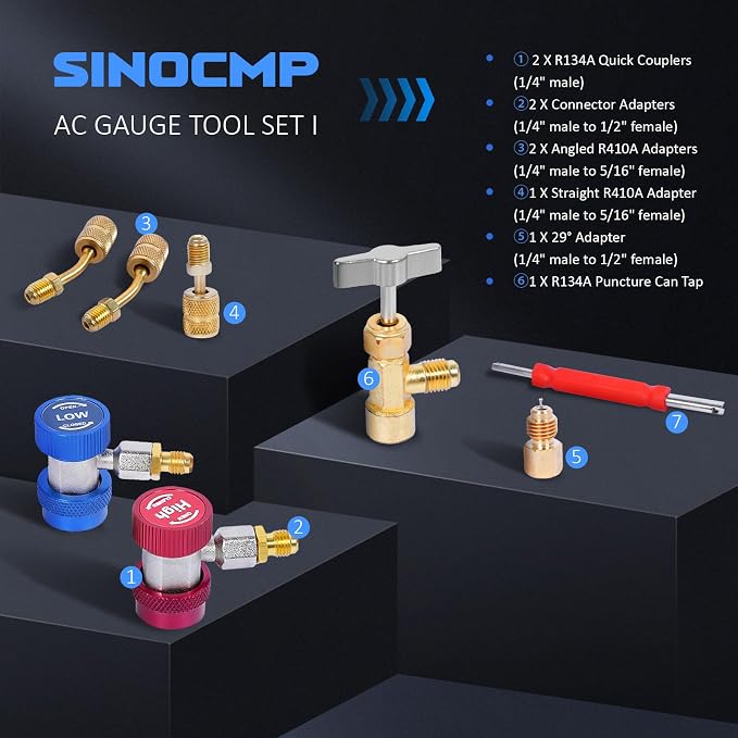 AC Manifold Gauge Set Kit 3-Way Valve, 4CFM Single Stage 110V 1/3 HP HVAC Vacuum Pump with Leak Detector for R134a R410a R12 R22 Air Conditioning Refrigeration Recharging