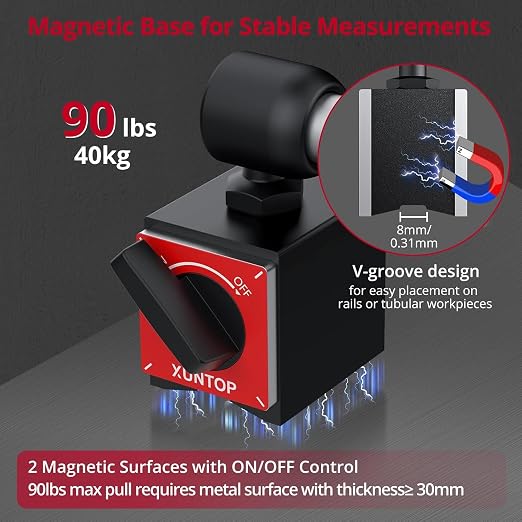 XUNTOP 0-1inch/0.0005inch Dial Digital Indicator and 90lbs (40kg) Magnetic Base Magnetic Electronic Indicator with 3 Adjustable Joints 5/16 inch (8mm) Clamping Diameter for Lathe CNC 3D Printer
