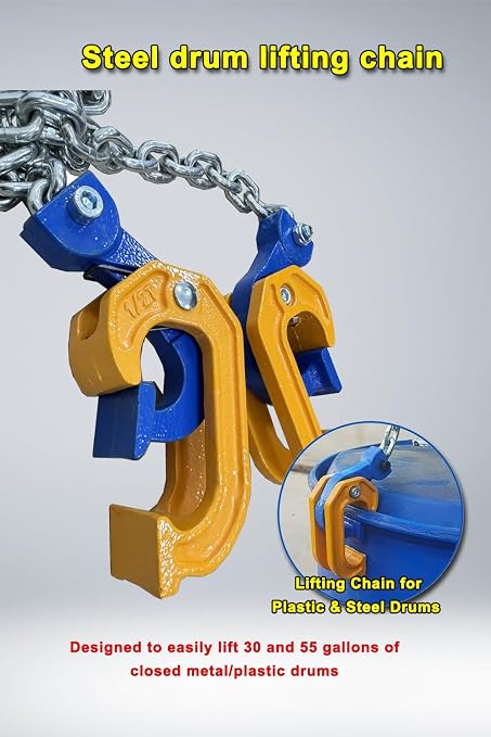 1Ton Barrel Lifting Chain for Plastic & Steel Drums 2204LBS 20in Length, 2 Hooks Chain Drum Lifter Barrel clamp for 30 & 55 Gallon Metal/Plastic Drum Barrel, Fits for Crane, Forklift【1T- 2Hooks】