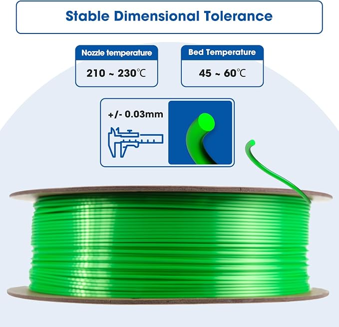 3DHoJor Silk PLA Filament 1.75mm, Silk PLA 3D Printer Filament, 2.2 LBS (1KG) Cardboard Spool, Fit Most FDM 3D Printer,Green
