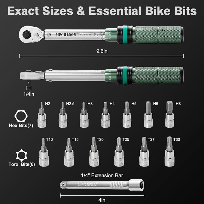 1/4-Inch Torque Wrench, 5–25 Nm, 15-Piece Click Bike Torque Wrench Set with Bits and 4-Inch Extension Bar, Dual-Direction, 0.25 N·m Increments, ±3% Accuracy for Bicycle Maintenance