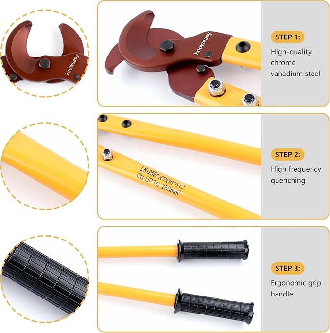 Cable Cutter,Knoweasy LK-250 Wire Rope Cutter and Heavy Duty Wire Cutter with Long Labor Saving Arms for Copper Aluminum Wire up to 250mm²