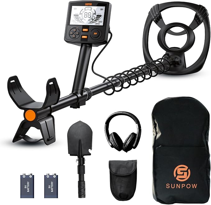SUNPOW Professional Metal Detector for Adults - Pinpoint Accurate & Easy to Use - 12" Waterproof Coil, 2X Backlit LCDs, DSP Chip, 5 Modes - Adjustable (19"-59") for Beach, Field, Garden