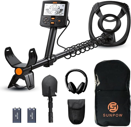 SUNPOW Professional Metal Detector for Adults - Pinpoint Accurate & Easy to Use - 12" Waterproof Coil, 2X Backlit LCDs, DSP Chip, 5 Modes - Adjustable (19"-59") for Beach, Field, Garden