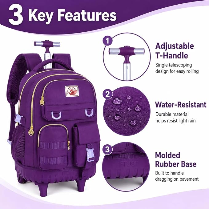 CCJPX 3PCS Rolling Backpack for Girls, Women Roller Bookbag with Lunch Box for Adults, Water Resistant Wheeled School Bag for Teens Kids Travel - Dark Purple