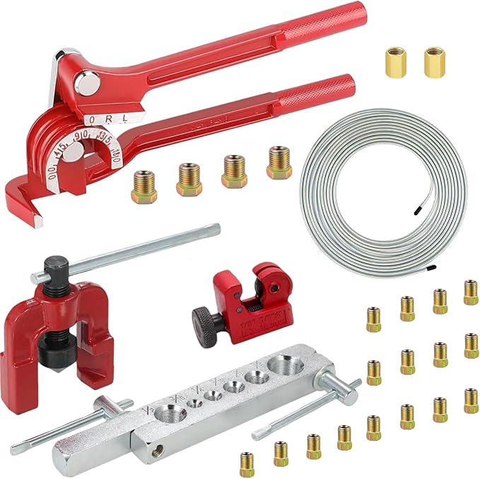 3/16 Inch 26Pcs Brake Line Bender Flaring Tool Include 25FT Zinc-Plated Copper Coated Brake Bending Lines and Single Flare Cutter Repair Kit 16 Rust-Resistant Fitting 4 Nut 2 Union, Sliver