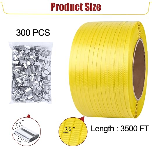 MYFAMIREA Heavy Duty Packaging Strapping, 1/2" x 3500FT Polypropylene Plastic Packaging Strapping, 300 Metal Seals, for Pallets, Logistics, Warehouse, Box Packaging and Shipping, Yellow