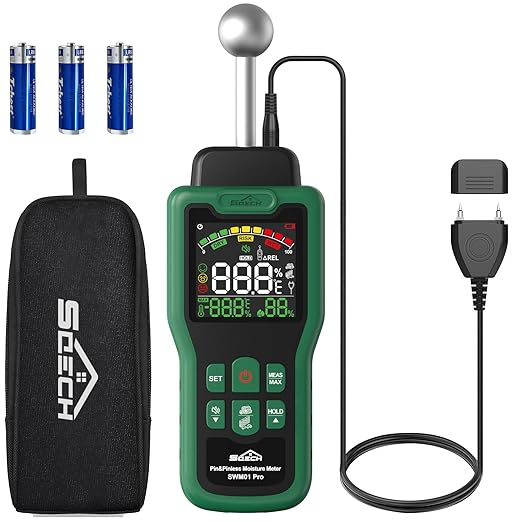 Moisture Meter, SQECH Pin&Pinless Moisture Meter with Thermometer, Alarm, Multifunctional Wood Moisture Meter with Color LCD, Needle Sensor for Walls, Wood, Masonry, Caravans, Apartments