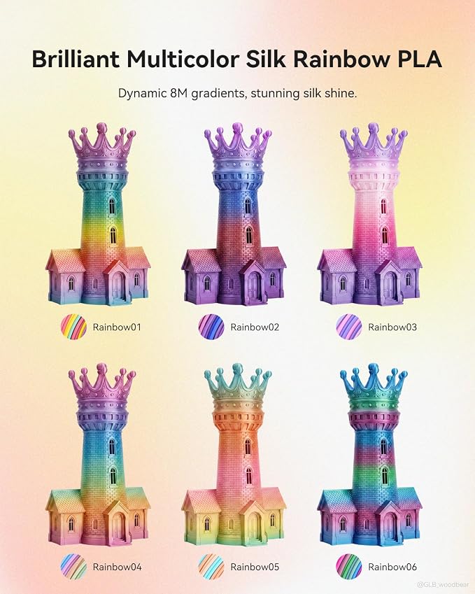 SUNLU Silk PLA+ Filament 1.75mm Multicolor 250gx8, Silky Glossy PLA Plus 3D Printer Filament Bundle for Bambu Lab 3D Printers, 6 Rainbow Series+Gold+Silver